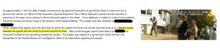On the left is a report excerpt from Vazquez reading:
At approximately 11 :45 A.M, after multiple commands by all agents for protesters to get off the street to make room for a government vehicle, an Office of Field Operations Special Response Team Officer deployed a pocket smoke cannister in response to the large crowd starting to shove and push agents in the street. Once deployed, a subject in a blue hoody grabbed the pocket smoke and threw it back in the direction of the Agents/Officers. This subject was later identified as [redacted].
While multiple other agents went into the crowd to arrest the subject who threw the smoke cannister back at us, I placed myself between the agents and the crowd to provide security for them. After a brief struggle, agents were able to put [redacted] into handcuffs and tell him he was being arrested for assault. The subject was walked to a government rental vehicle to be transported to the Federal Bureau of Investigations Office to be interviewed regarding the assault.

On the right is a frame from another agent's body camera footage showing agent EZ-17 standing at alert with his launcher raised ready to fire as two agents, one of them Michael Sveum, arrest a man they wrestled to the ground. 