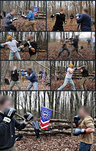 collage of photos of men with blurred faces, wearing mostly hoodies and jeans, sparring in the woods. patriot front flag in background