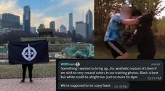 cover image is collage of screenshots including Windy City Active Club member holding flag with logo at Chicago's Buckingham Fountain and two men with blurred faces boxing in the park. overlaid with screenshot of chat message. wolfman (his icon is a swastika) writes, "Something I wanted to bring up...for aesthetic reasons it's best if we stick to very neutral colors in our training photos. Black is best but white could be alright too. Just no more tie dyes 10:19pm. second message: We're supposed to be scary Nazis