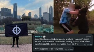 cover image is collage of screenshots including Windy City Active Club member holding flag with logo at Chicago's Buckingham Fountain and two men with blurred faces boxing in the park. overlaid with screenshot of chat message. wolfman (his icon is a swastika) writes, "Something I wanted to bring up...for aesthetic reasons it's best if we stick to very neutral colors in our training photos. Black is best but white could be alright too. Just no more tie dyes 10:19pm. second message: We're supposed to be scary Nazis